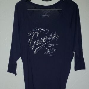 Guess 3/4 Sleeve Soft Navy Blue Top with Rhinestones & Silver Accents